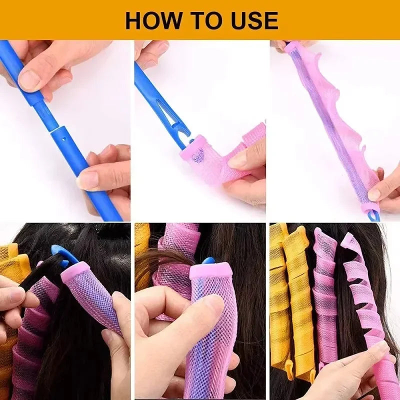 Spiral-shaped heatless hair curlers for no-heat styling and overnight curls.