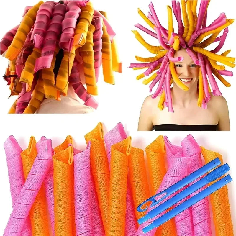Spiral-shaped heatless hair curlers for no-heat styling and overnight curls.
